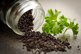 Spilled black poppy seeds from glass jar with fresh parsley