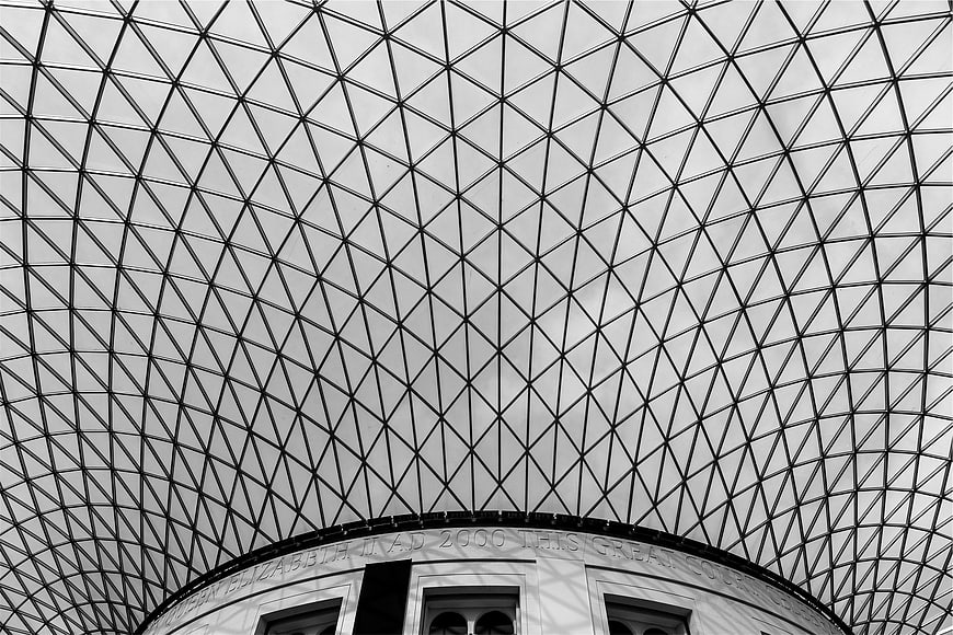 Black and white architectural view of the Great Court glass roof