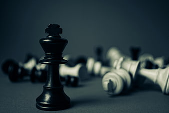 Black Chess King Standing Amidst Fallen Pieces