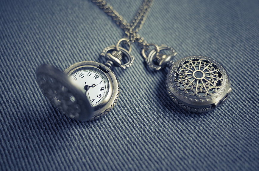 Vintage Silver Pocket Watch Pendants on Blue Denim