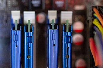 Close-up of blue RAM slots on a computer motherboard