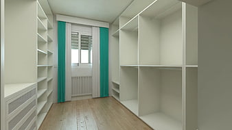 Modern Empty Walk-in Closet with White Shelves and Teal Curtains