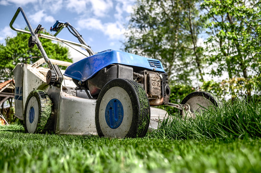 Blue Lawn Mower on Green Grass in Garden