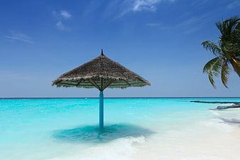 Thatched Beach Umbrella in Turquoise Tropical Ocean Water