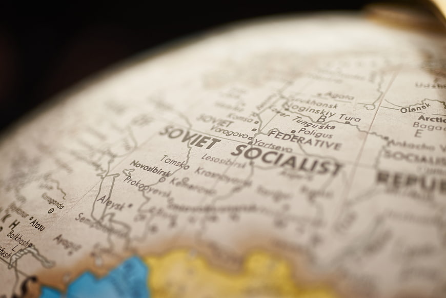 Close-up of vintage globe showing Soviet Union map