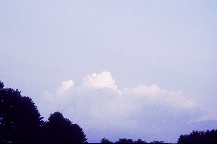 Vintage film photo of fluffy white clouds over dark tree silhouettes
