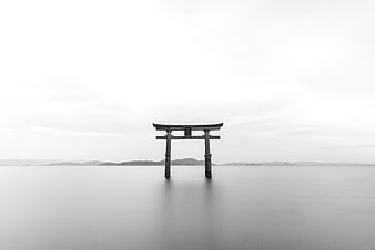 Minimalist Black and White Torii Gate in Calm Water