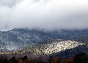 Snowy Mountain Landscape with Autumn Foliage and Fog
