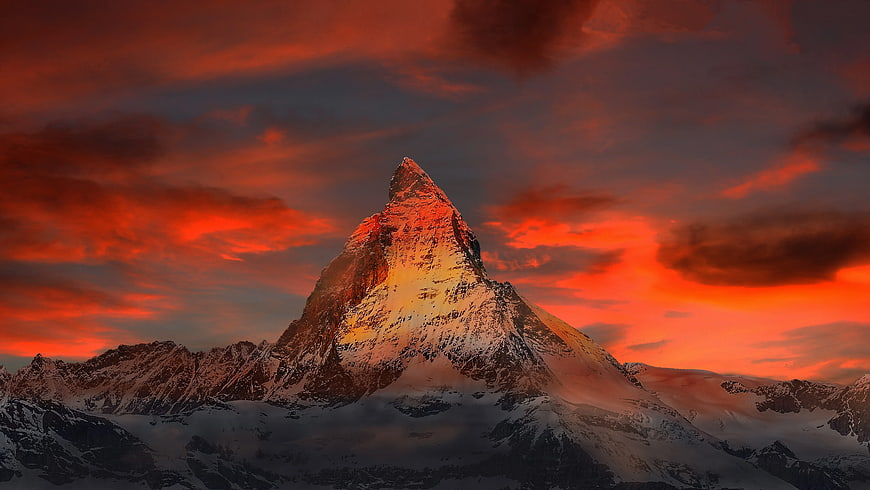 Matterhorn Mountain Peak at Dramatic Red Sunset