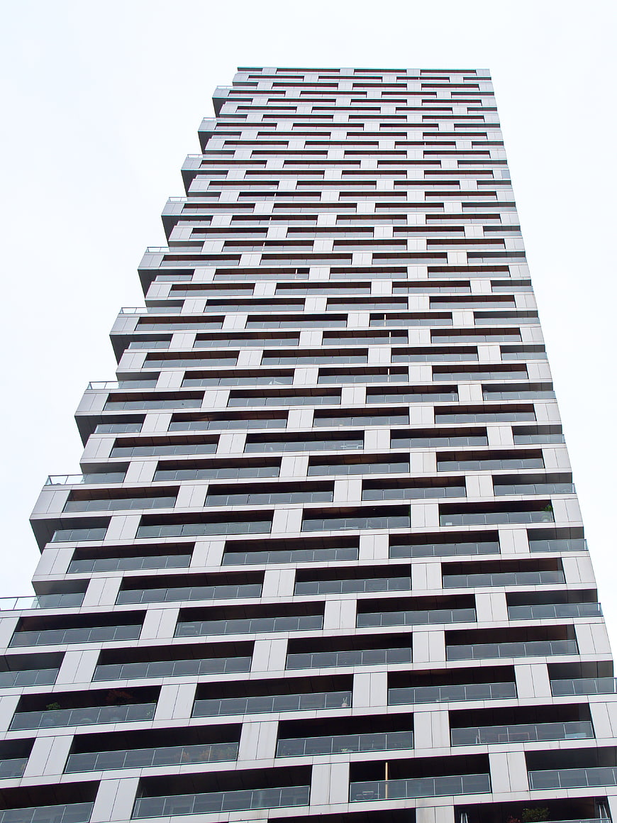 Low angle view of modern high-rise apartment building facade