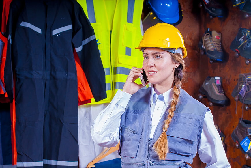 Woman in yellow hard hat talking on phone in workwear store