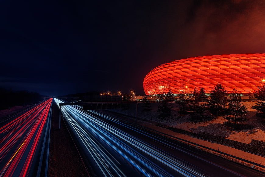 Long Exposure Night Shot of Allianz Arena Stadium and Highway