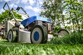 Blue Lawnmower on Green Grass in Summer Garden