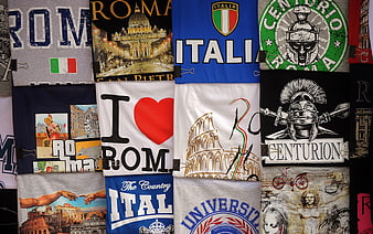 Collection of Italian souvenir t-shirts with Rome landmarks