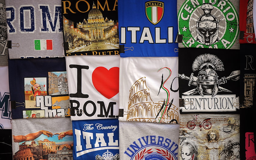 Collection of Italian souvenir t-shirts with Rome landmarks