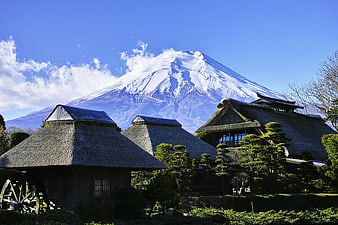 Traditional Japanese Thatched Huts with Mount Fuji Background