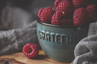 Rustic Bowl of Raspberries with Grateful Typography