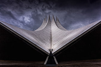 Dramatic low angle view of modern concrete church roof