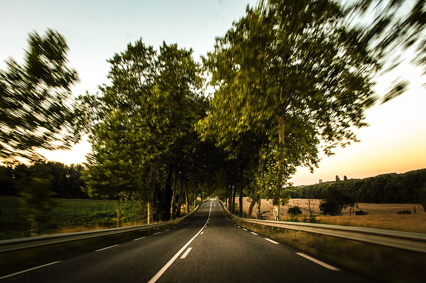 Motion blur view of a rural road lined with trees at sunset