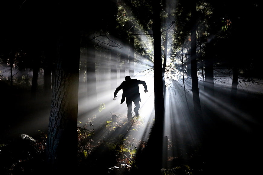 Silhouette of Man Running Through Misty Forest Sunbeams