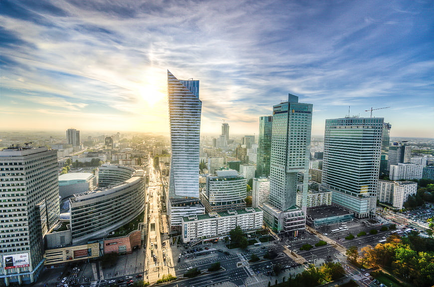 Aerial View of Warsaw Skyline at Sunset