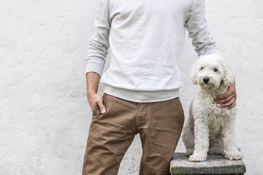 Man with White Dog Against Textured White Wall