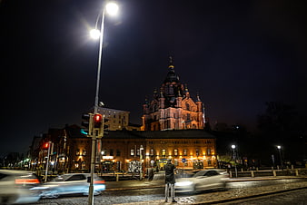 Uspenski Cathedral Helsinki Night Cityscape with Traffic