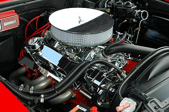 Chrome V8 Engine with Red Wires and Air Filter