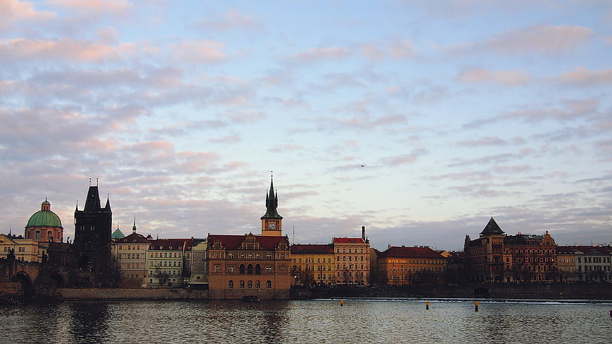 Prague Cityscape at Dusk with Charles Bridge and Vltava River