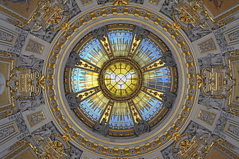 Ornate Cathedral Dome Ceiling with Stained Glass and Gold Details
