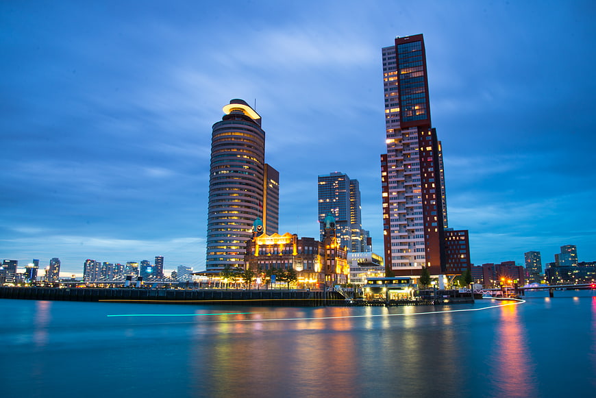 Rotterdam skyline at dusk with long exposure water reflections