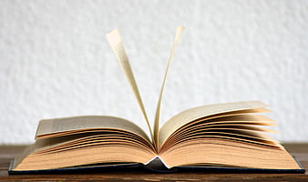 Open Book with Ribbon Markers on Wooden Table