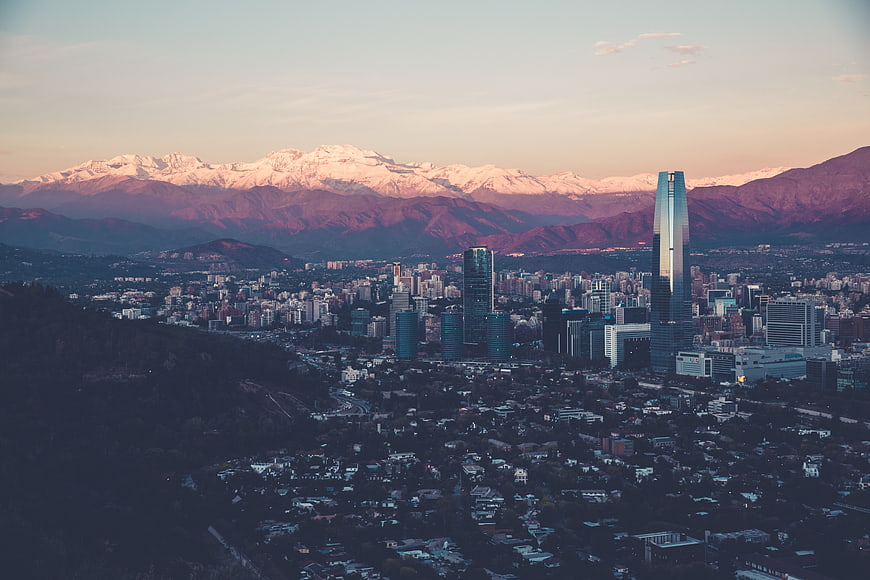 Santiago Chile skyline with Andes mountains at sunset