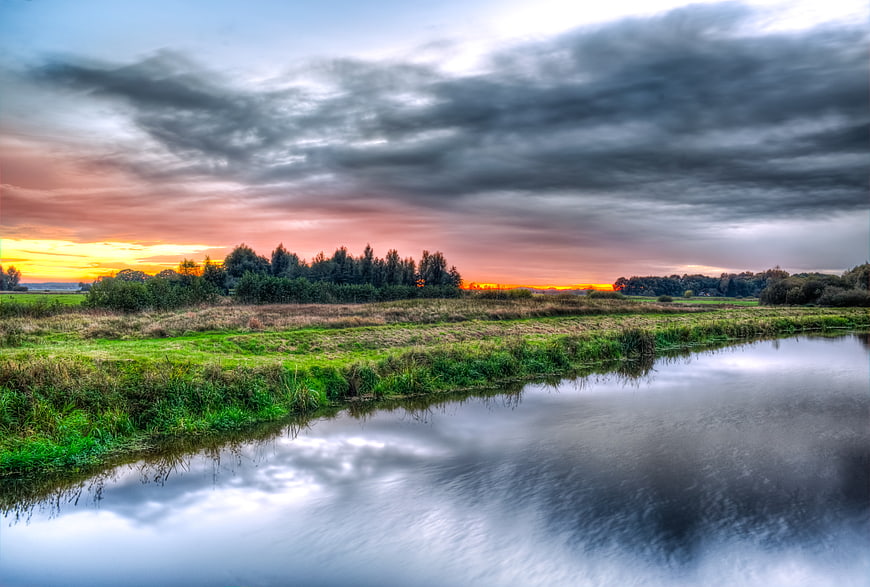 Dramatic HDR Sunset Over River Hunze in Drenthe, Netherlands
