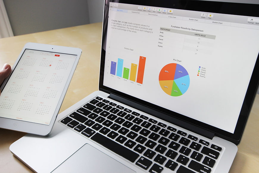 Laptop and tablet displaying business charts and calendar