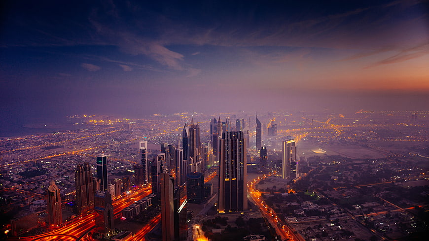 Aerial View of Riyadh Skyline at Dusk with City Lights