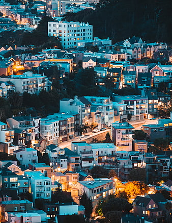 San Francisco Cityscape at Dusk with Warm Streetlights