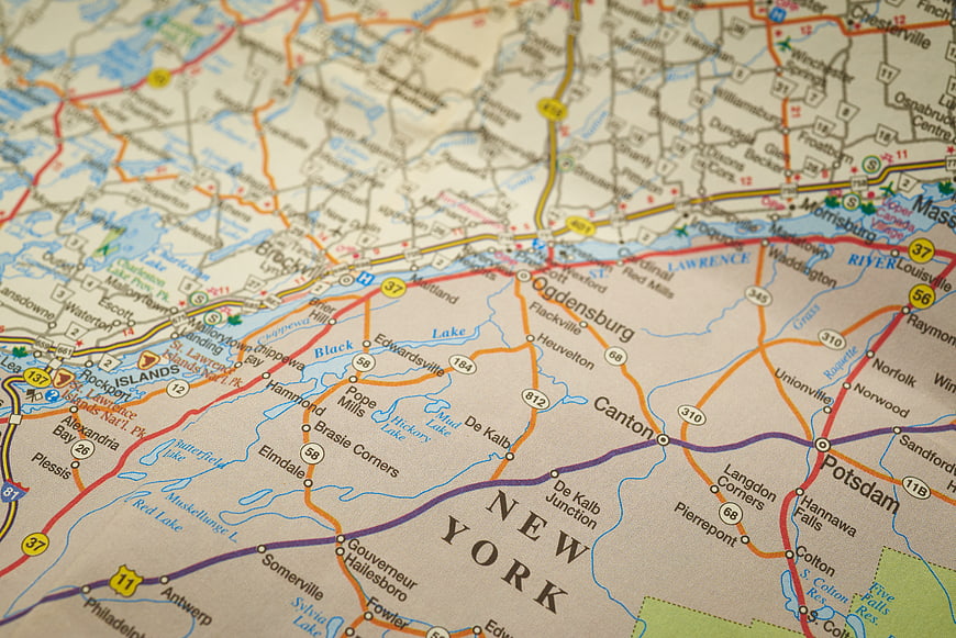 Close-up of New York State Road Map with Ogdensburg and Canton