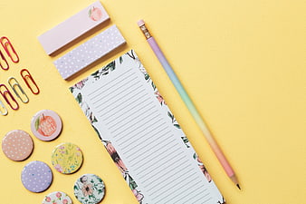 Pastel Stationery Flat Lay with Yellow Background