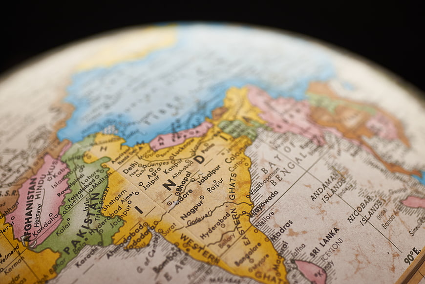 Close-up of vintage globe showing India and South Asia