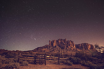 Superstition Mountains Night Sky with Stars and Desert Fence