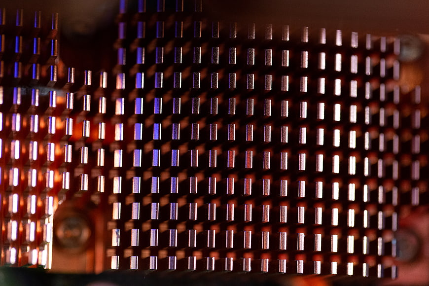 Macro shot of copper computer heat sink fins