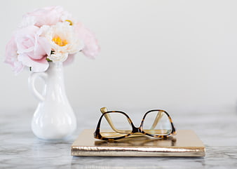 Tortoiseshell Glasses on Gold Book with Pink Peonies
