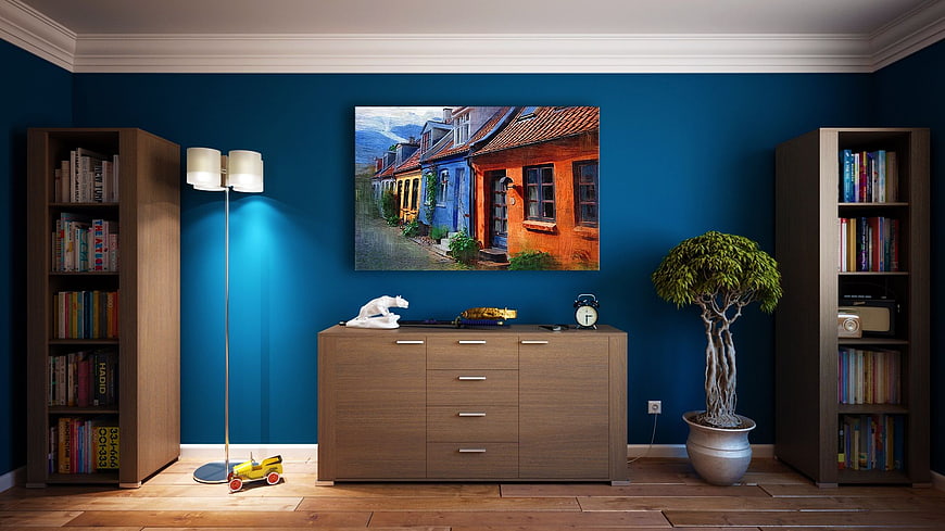 Modern Interior with Blue Walls and Wooden Furniture