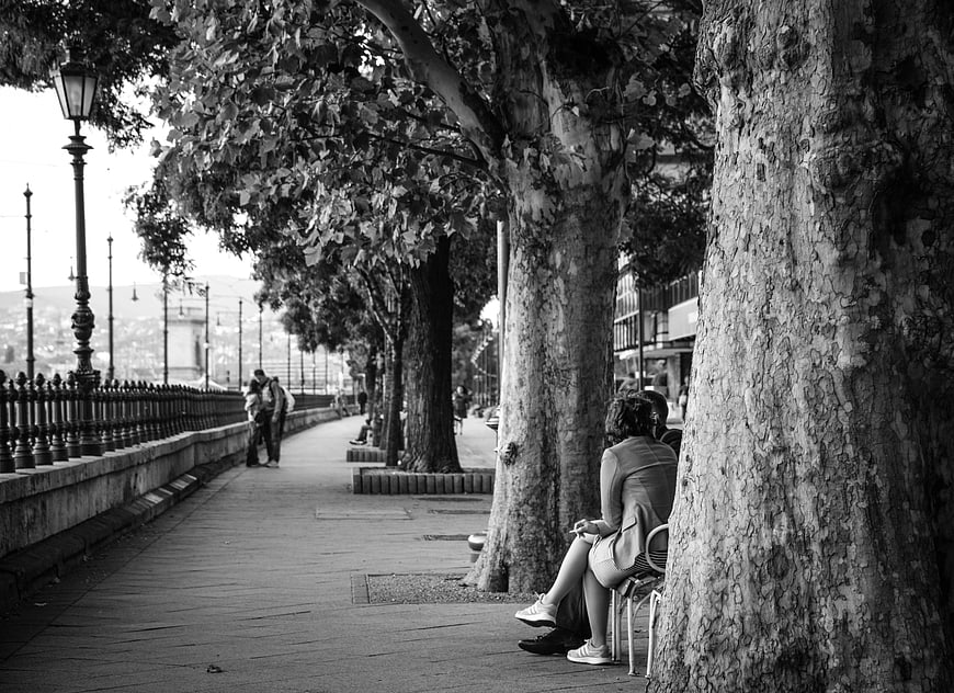 Black and white couple sitting on bench under trees in Budapest