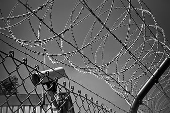 Grayscale Barbed Wire Fence with Security Camera