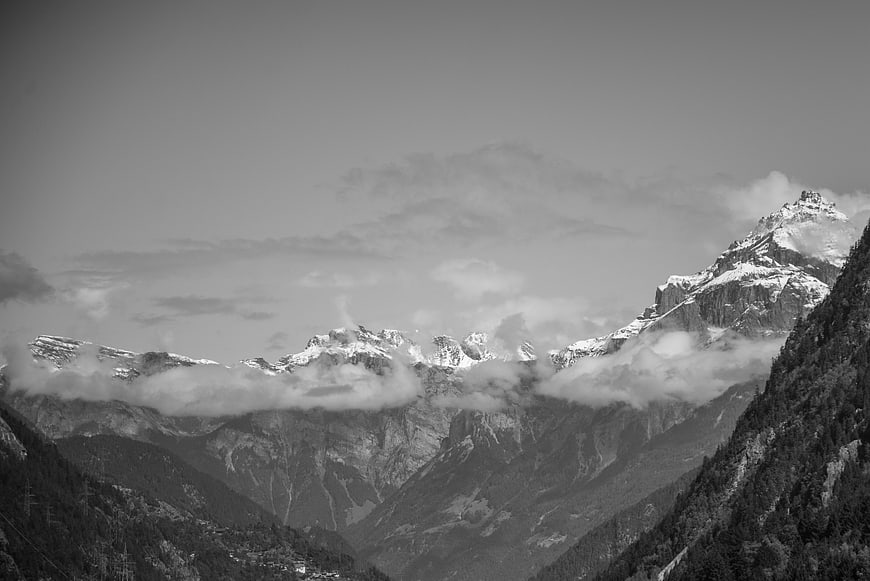 Black and White Swiss Alps Mountain Landscape with Clouds