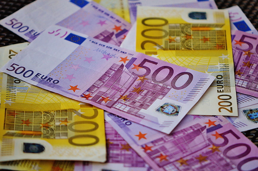 Scattered 500 and 200 Euro Banknotes Close-Up