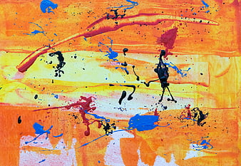 Abstract Expressionist Painting with Orange, Blue, and Black Splatters