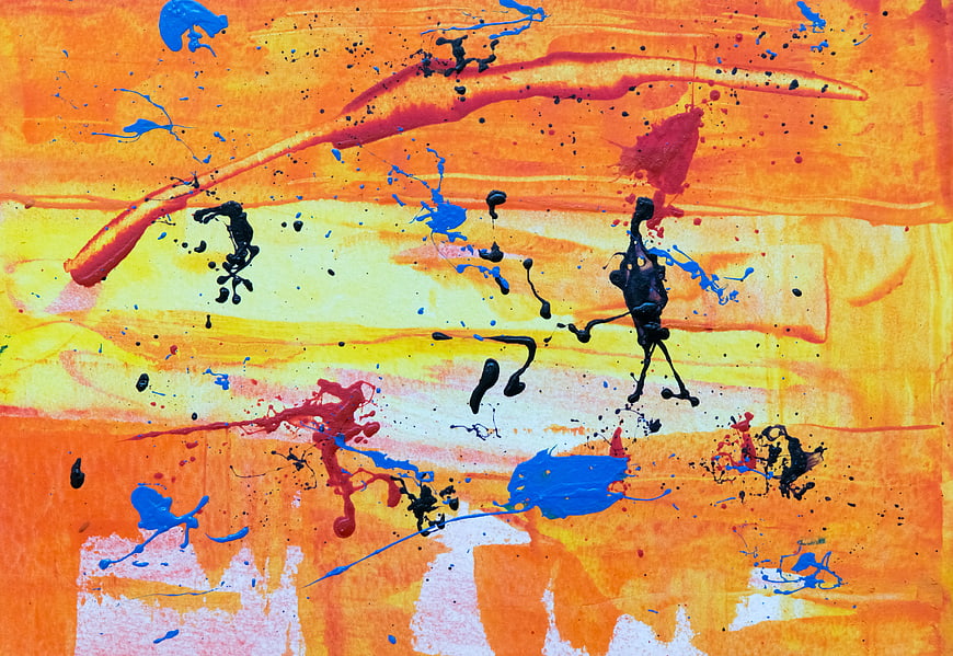 Abstract Expressionist Painting with Orange, Blue, and Black Splatters